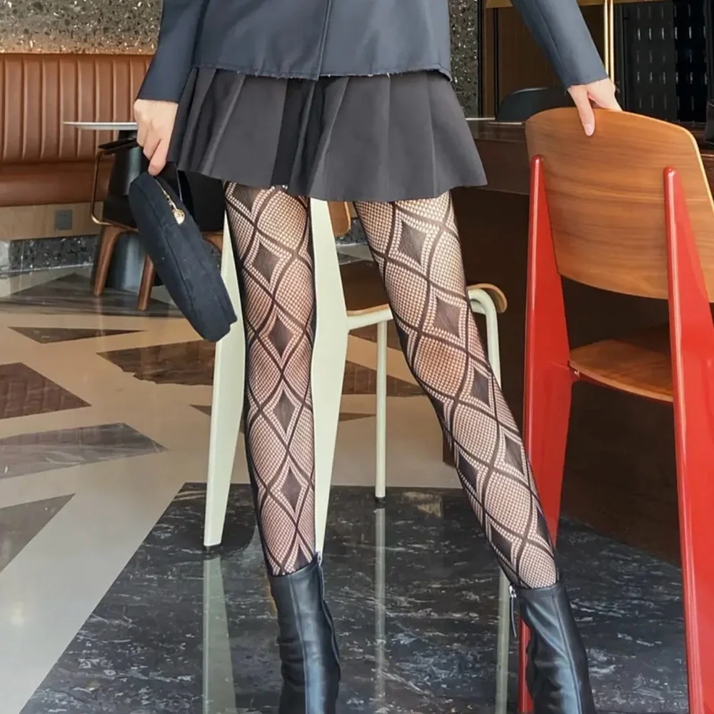 Argyle Jacquard Hollow Out Tights High Waist Comfy Pantyhose Black One Size‎